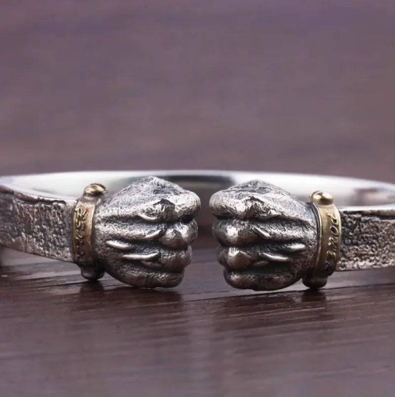 Masculine Fist Shaped Bracelet for Mens Vintage Solid 925 Silver Bangles Classic Jewelry