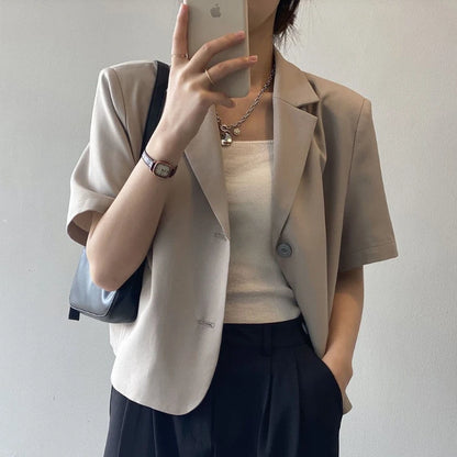 suit top women thin jacket outerwears casual short sleeve blazers solid cotton coats