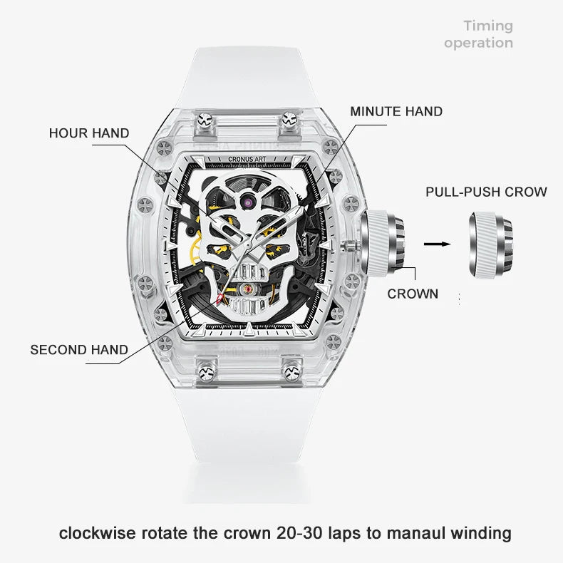 Cronus art mechanical men’s watch 50mm sapphire case skeleton skull dial