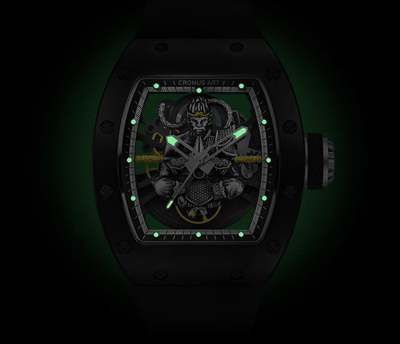 Watch with intricate design and glowing elements on a dark background