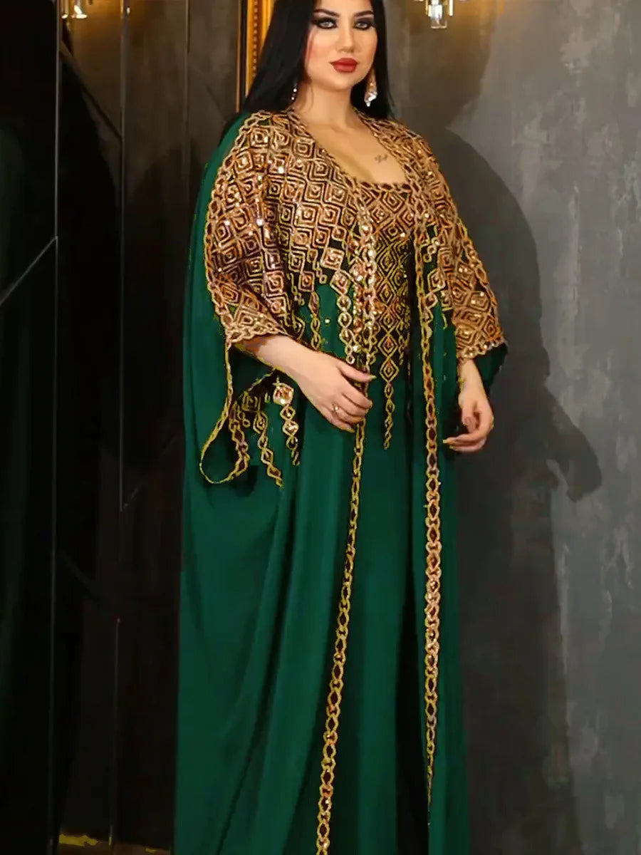 women's two-piece shiny embroidered abaya and vest set long dress overgarment