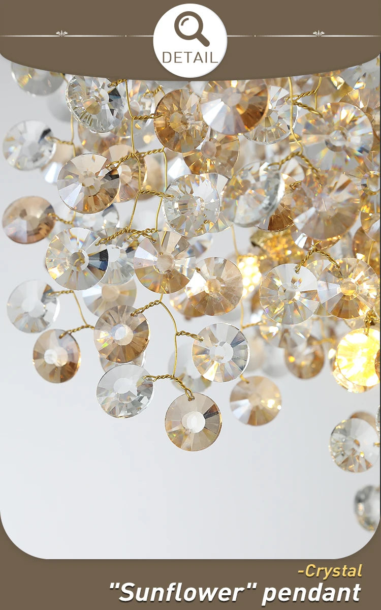 gold lustre sun crystal ceiling chandelier - led nordic home decoration