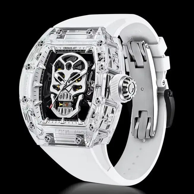 Luxury watch with transparent case and white strap on black background