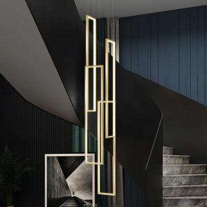 modern led pendant light, minimalist rectangular chandelier, black/gold, for staircases and living rooms