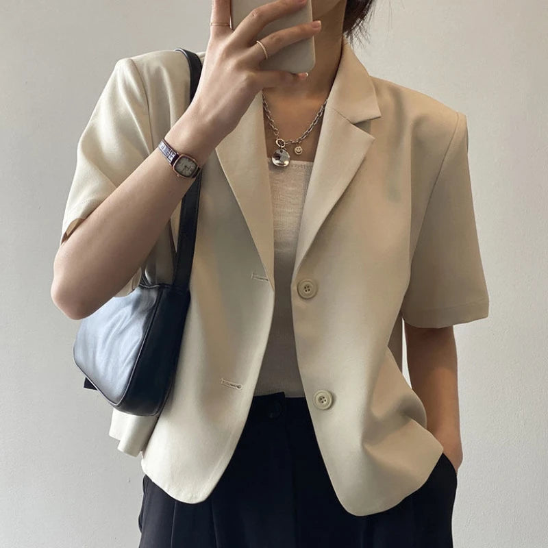 suit top women thin jacket outerwears casual short sleeve blazers solid cotton coats