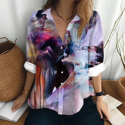 women sleeve t-shirt figure print loose button style