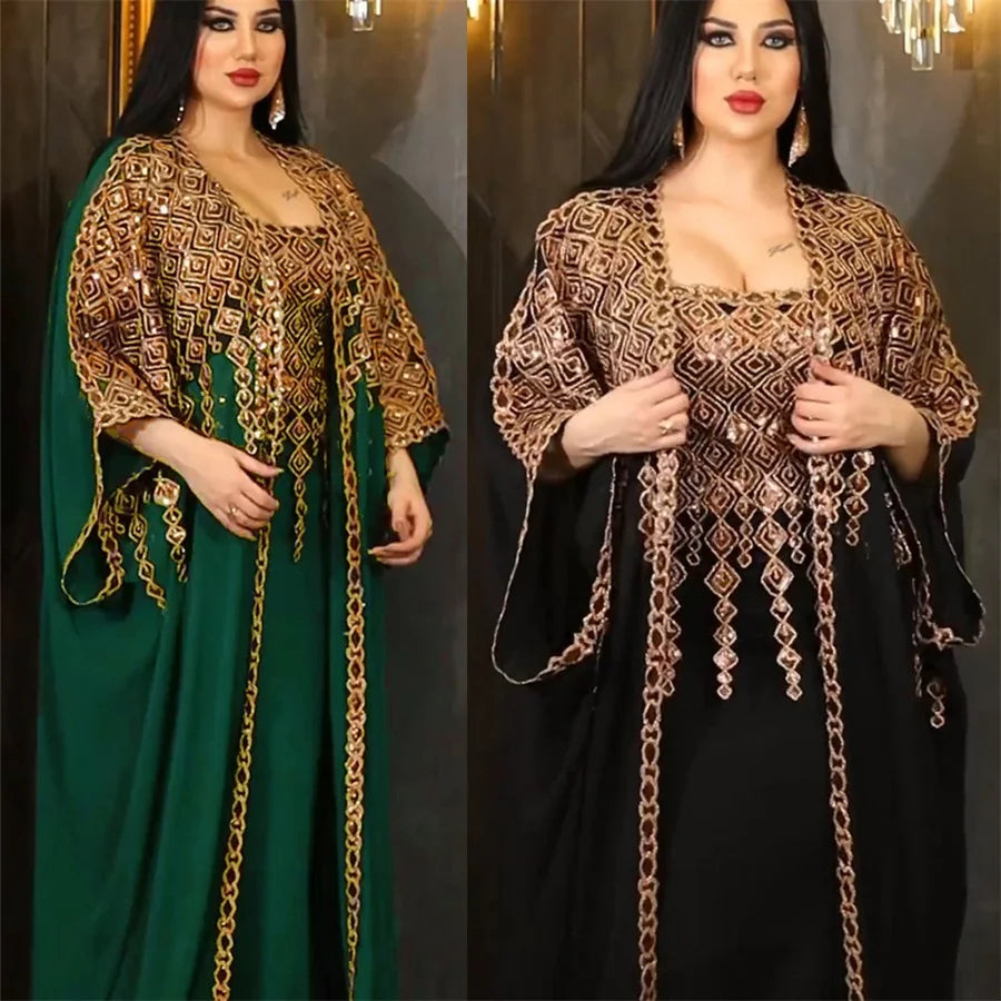 women's two-piece shiny embroidered abaya and vest set long dress overgarment