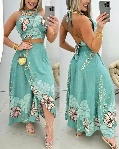 Temperament Two Piece Set Women  Palm Leaf Floral Skirt Suit Dresses Lady Outfits