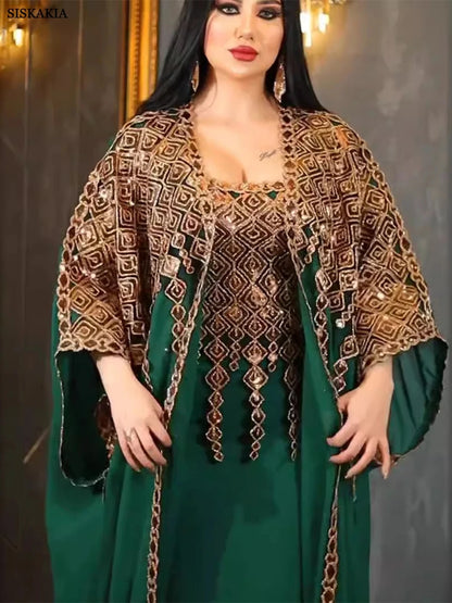 women's two-piece shiny embroidered abaya and vest set long dress overgarment