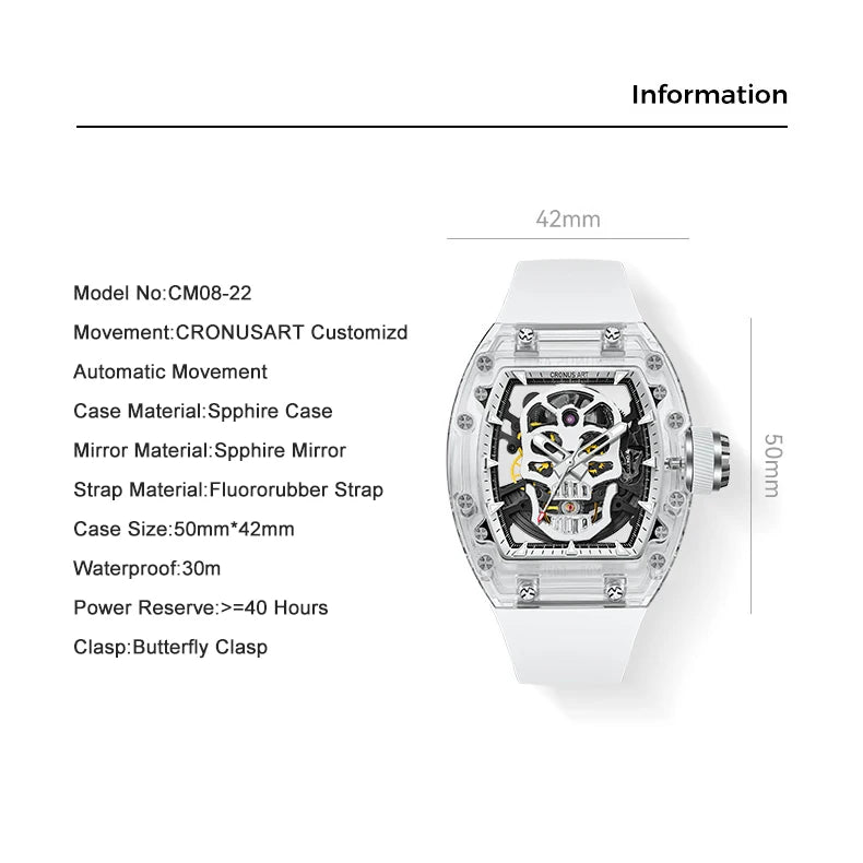 Cronus art mechanical men’s watch 50mm sapphire case skeleton skull dial
