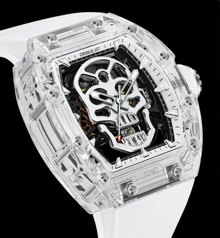 Luxury watch with skull design and gemstones on a black background