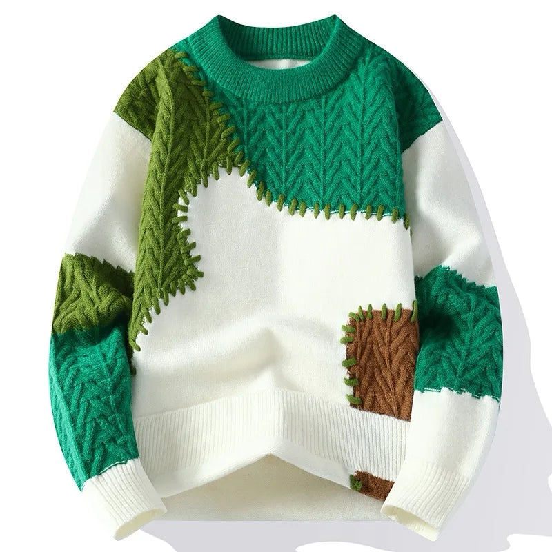 winter fashion patchwork sweater, thick and warm, streetwear style, loose sweater