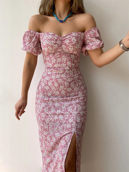 floral fantasy short sleeve party dress chic off-shoulder backless