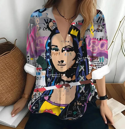 women sleeve t-shirt figure print loose button style