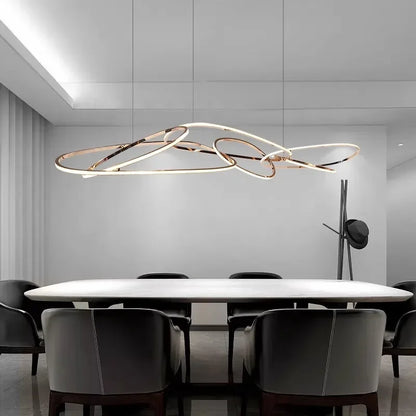 modern rose gold LED chandelier, irregular rings, for living and dining rooms, kitchen hanging lights luminaire