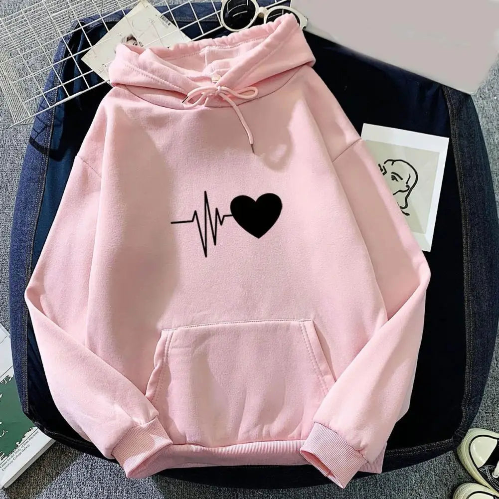 women hoodie drawstring warm pullover heart print spring hoodie