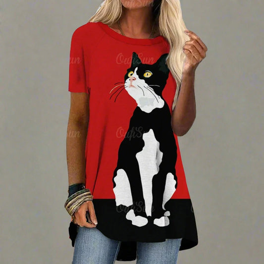 cat women's t-shirt round neck women's clothing loose t shirt for women fashion