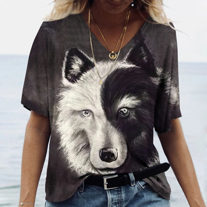 Unisex t-shirt featuring a 3D print of a wolf among many designs