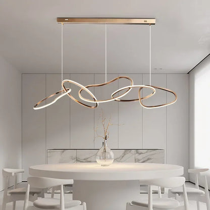 modern rose gold LED chandelier, irregular rings, for living and dining rooms, kitchen hanging lights luminaire