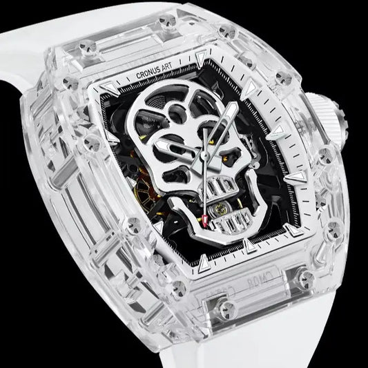 Luxury watch with transparent case and intricate design on a black background