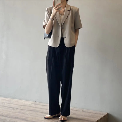 suit top women thin jacket outerwears casual short sleeve blazers solid cotton coats