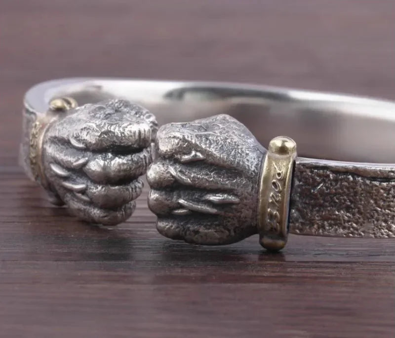 Masculine Fist Shaped Bracelet for Mens Vintage Solid 925 Silver Bangles Classic Jewelry