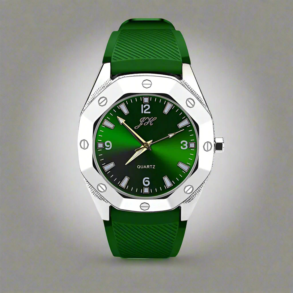 Green watch with a silver bezel on a white background