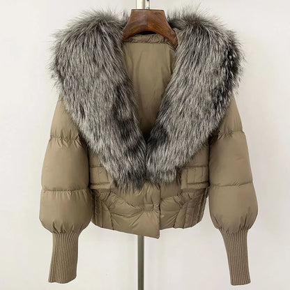 winter women's white duck down jacket with real raccoon fox fur collar loose fit coat