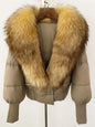 winter women's white duck down jacket with real raccoon fox fur collar loose fit coat