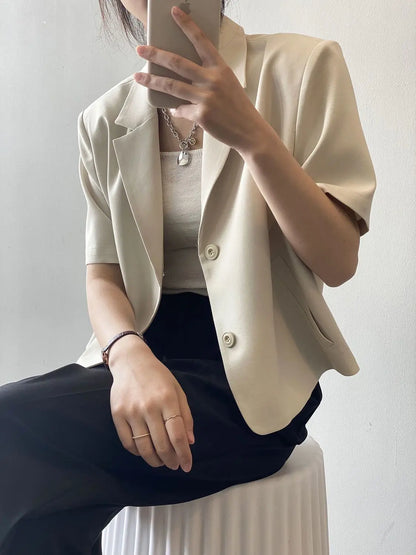 suit top women thin jacket outerwears casual short sleeve blazers solid cotton coats