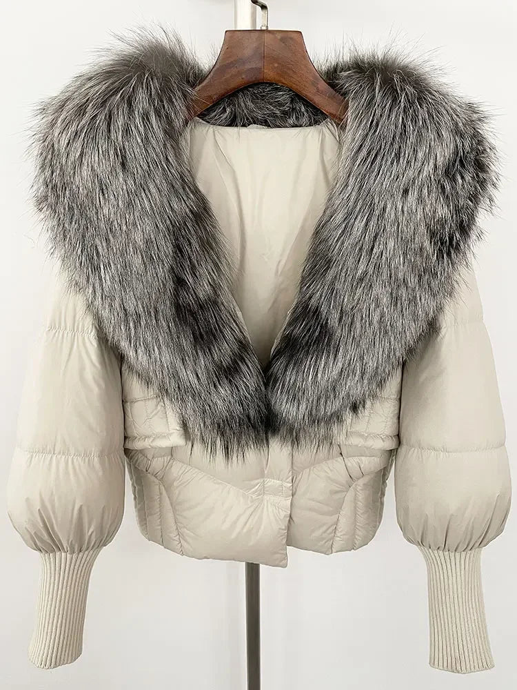 winter women's white duck down jacket with real raccoon fox fur collar loose fit coat