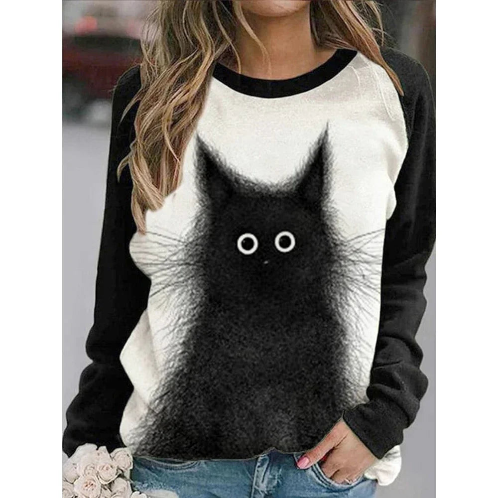 Cotton Long Sleeve T-Shirts For Women Funny  Cat Animals Print Sweatshirts F