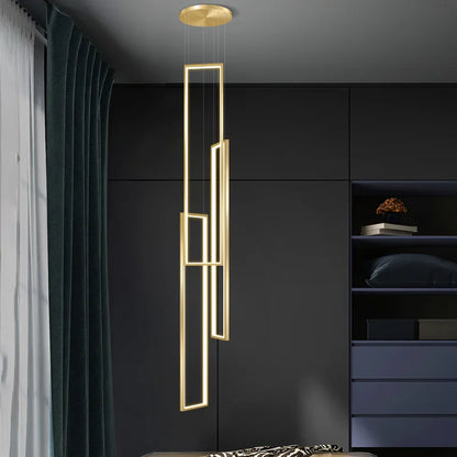 modern led pendant light, minimalist rectangular chandelier, black/gold, for staircases and living rooms