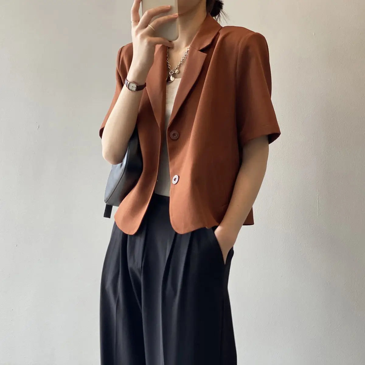 suit top women thin jacket outerwears casual short sleeve blazers solid cotton coats