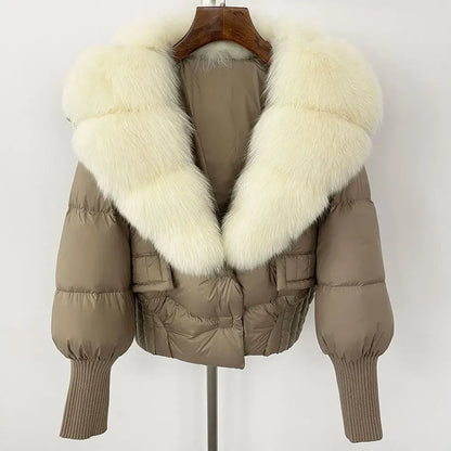 winter women's white duck down jacket with real raccoon fox fur collar loose fit coat