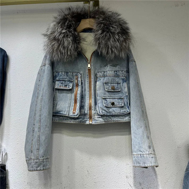 Limited availability Real Fox fur thick warm denim parkas female winter coat