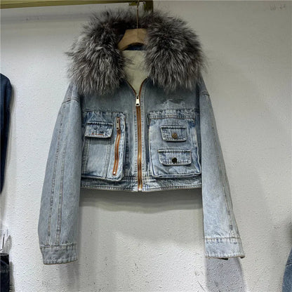 Limited availability Real Fox fur thick warm denim parkas female winter coat