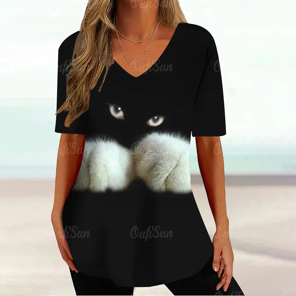 Cat Graphic T Shirt For Women Painting Print Loose Clothing