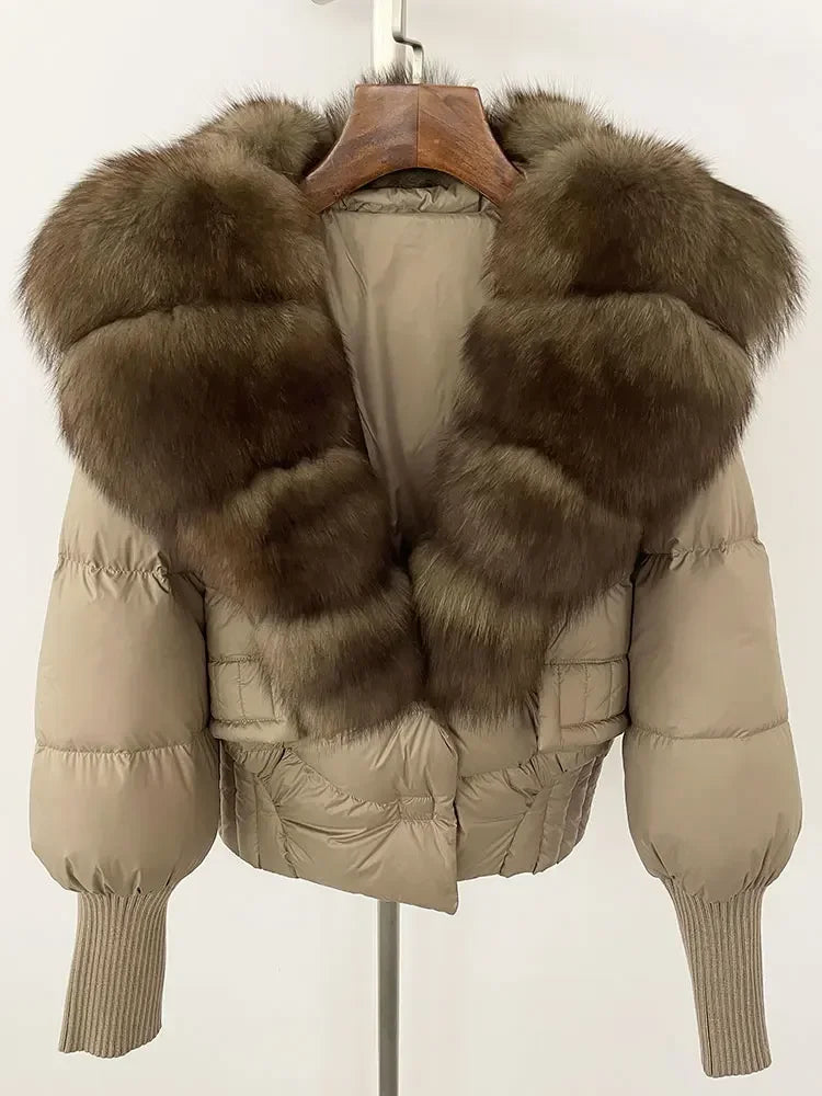 winter women's white duck down jacket with real raccoon fox fur collar loose fit coat