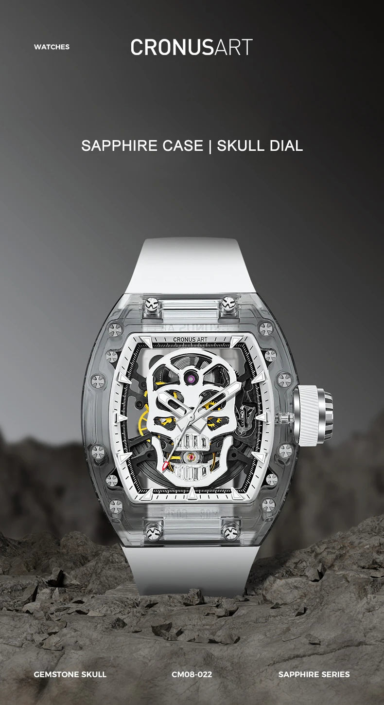 Silver watch with skull design on a gray background, branded 'CronusArt'.