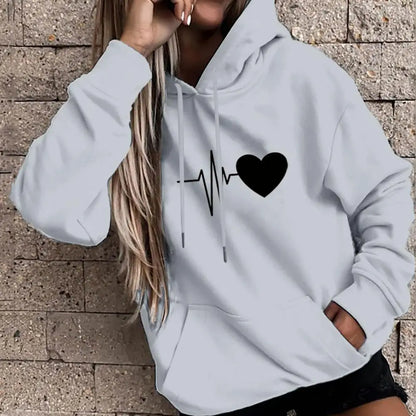 women hoodie drawstring warm pullover heart print spring hoodie