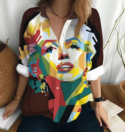 women sleeve t-shirt figure print loose button style