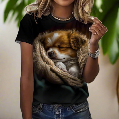 Fashionable short women t-shirt with cute dog print.